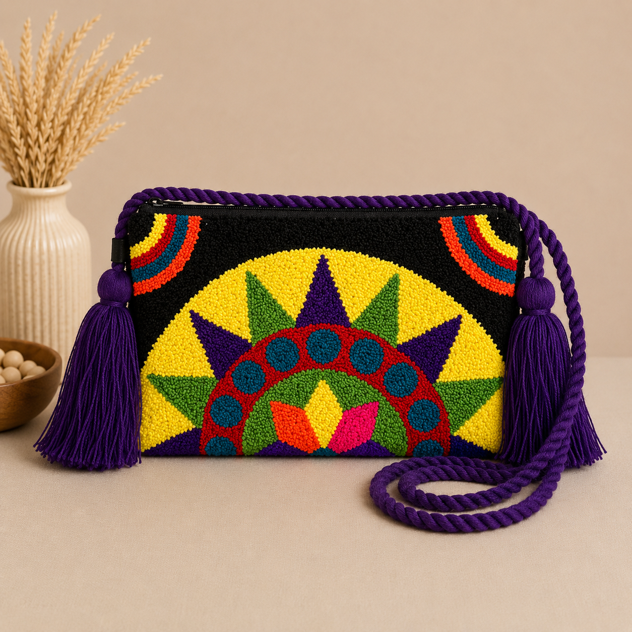 Handmade Mandala Punch Needle Crossbody Bag – Boho Geometric Artisan Clutch Purse