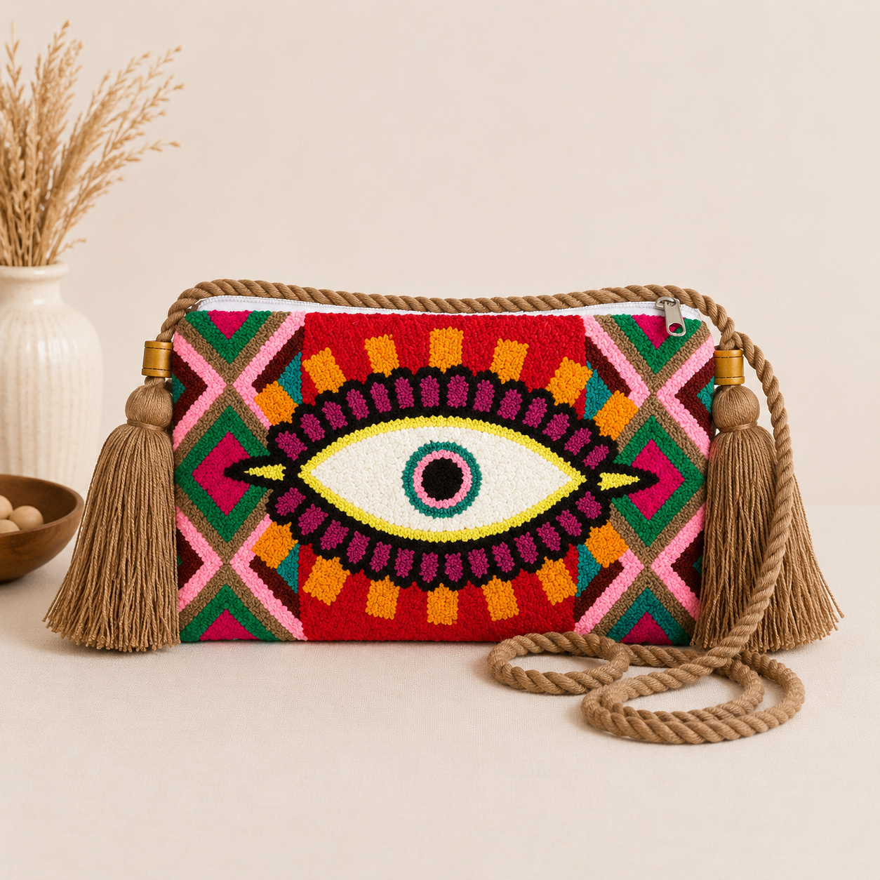 Handmade Turkish Eye Punch Needle Crossbody Bag – Evil Eye Artisan Clutch Purse