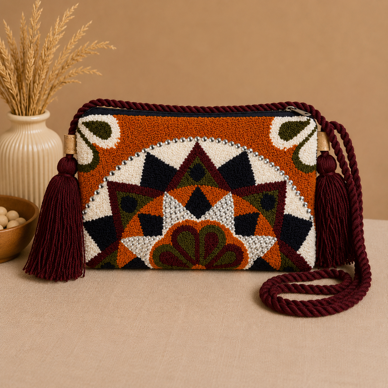 Handmade Mandala Punch Needle Crossbody Bag – Boho Geometric Artisan Clutch Purse