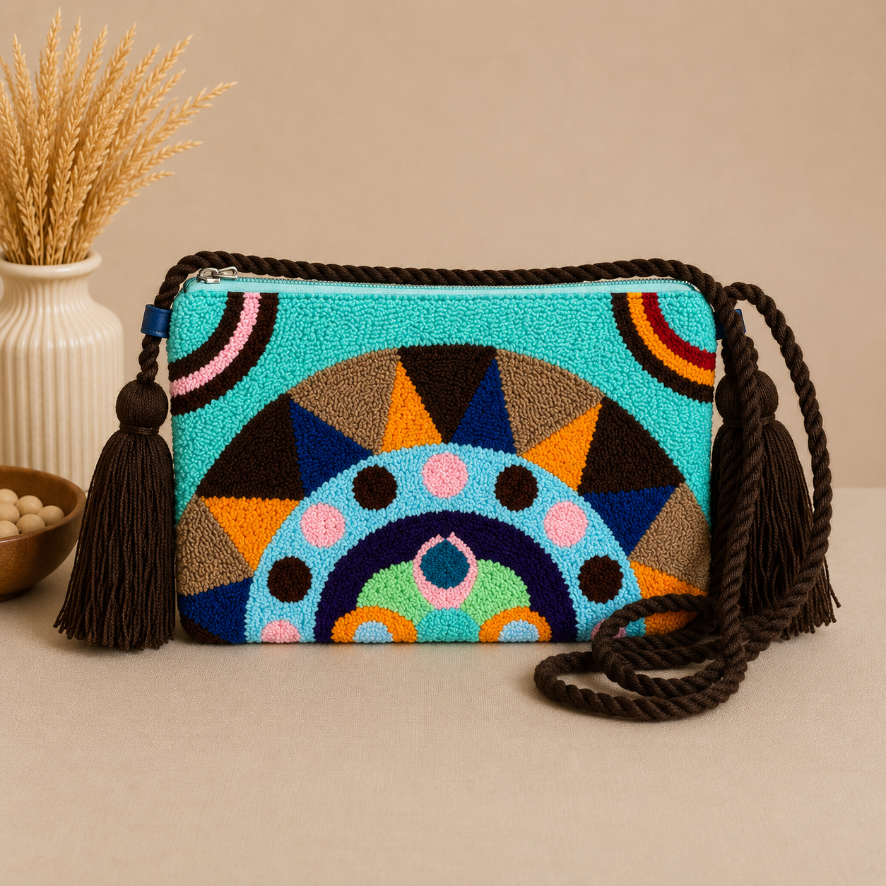 Handmade Mandala Punch Needle Crossbody Bag – Boho Geometric Artisan Clutch Purse
