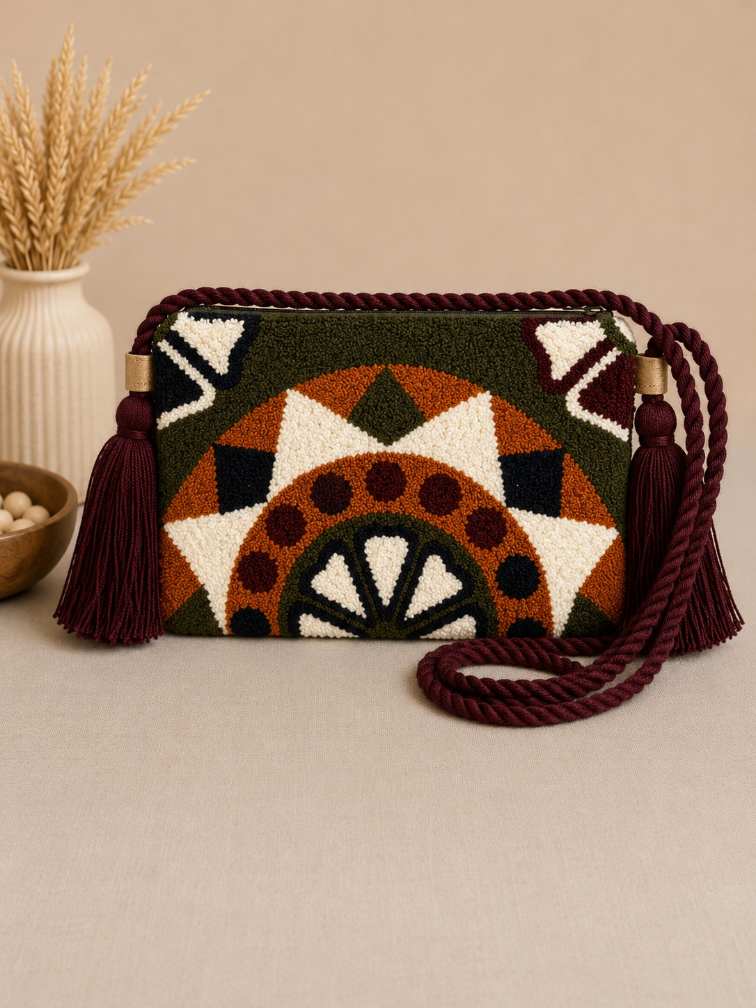 Handmade Mandala Punch Needle Crossbody Bag – Boho Geometric Artisan Clutch Purse