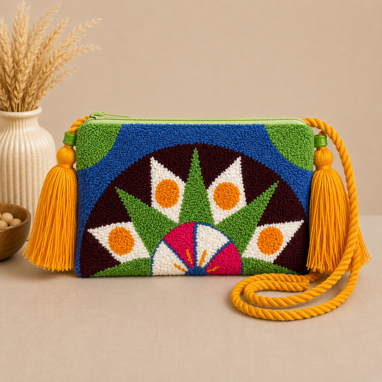 Handmade Mandala Punch Needle Crossbody Bag – Boho Geometric Artisan Clutch Purse