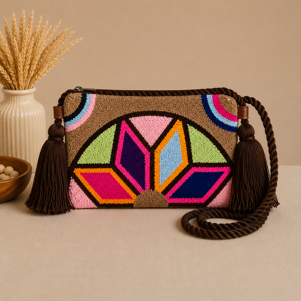 Handmade Mandala Punch Needle Crossbody Bag – Boho Geometric Artisan Clutch Purse