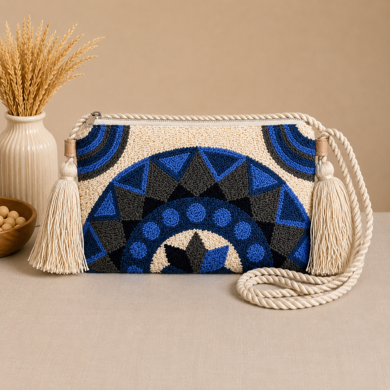 Handmade Mandala Punch Needle Crossbody Bag – Boho Geometric Artisan Clutch Purse