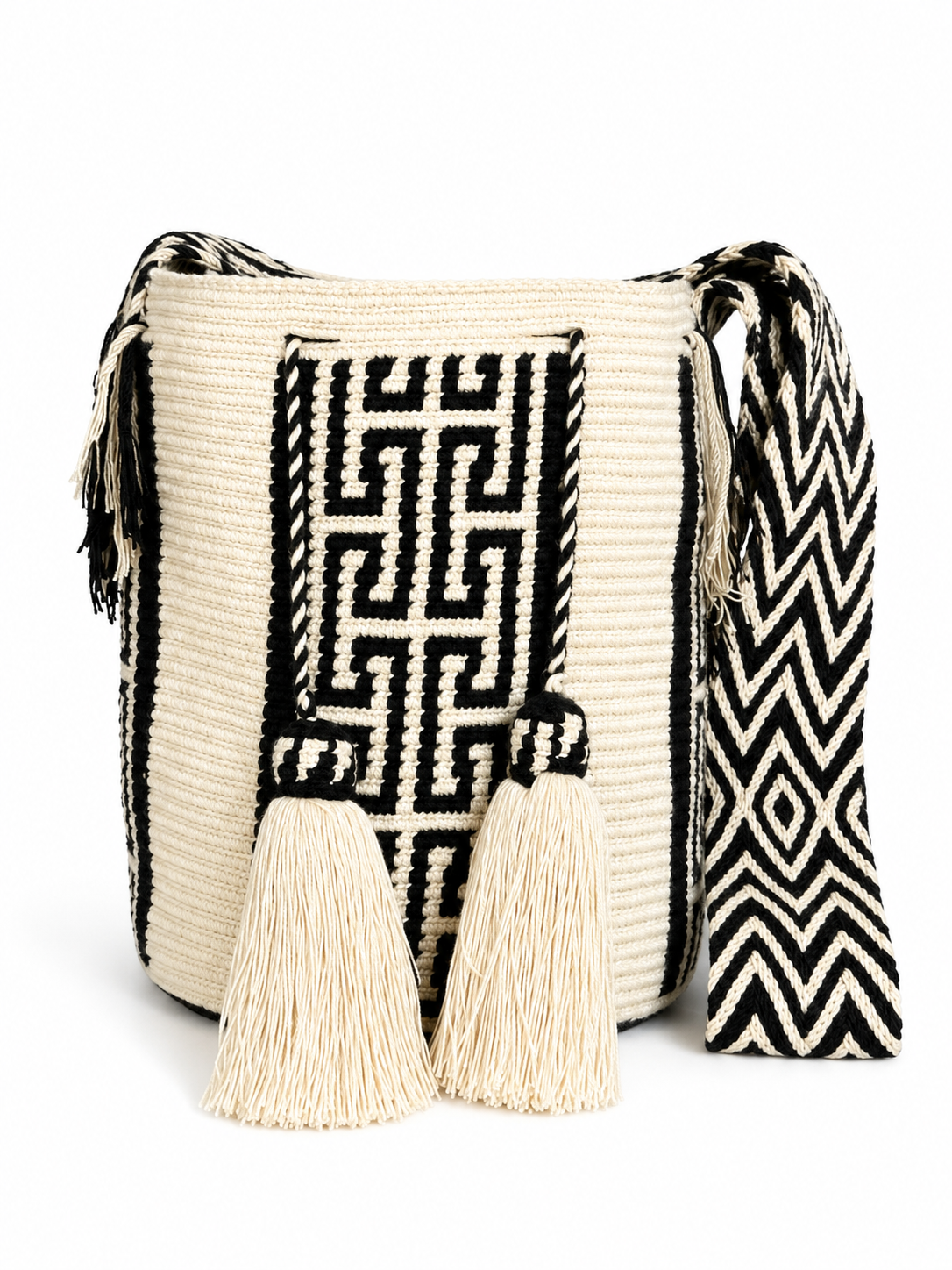 Handmade Wayuu Crossbody Bag – Black & Neutral Geometric Patterns, Artisan Crochet Bucket Bag