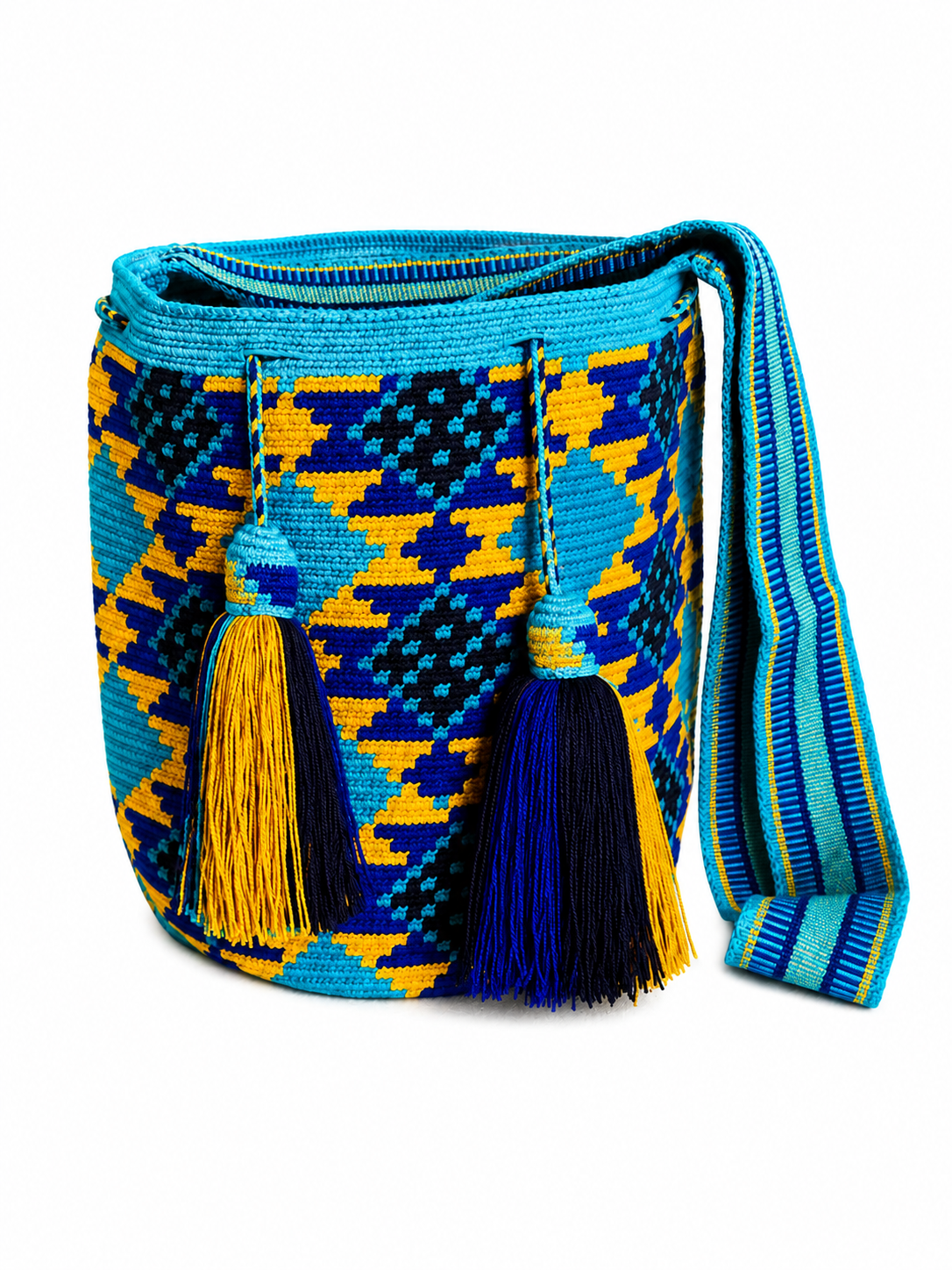 Handmade Wayuu Crossbody Bag – Geometric Crochet Bucket Bag, Colombian Artisan Shoulder Purse