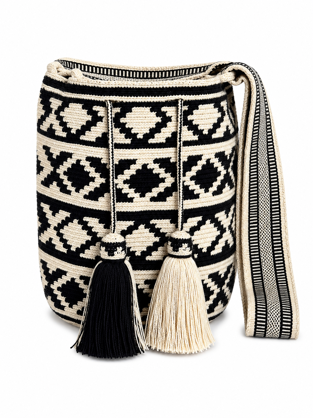 Handmade Wayuu Crossbody Bag – Black & Neutral Geometric Patterns, Artisan Crochet Bucket Bag