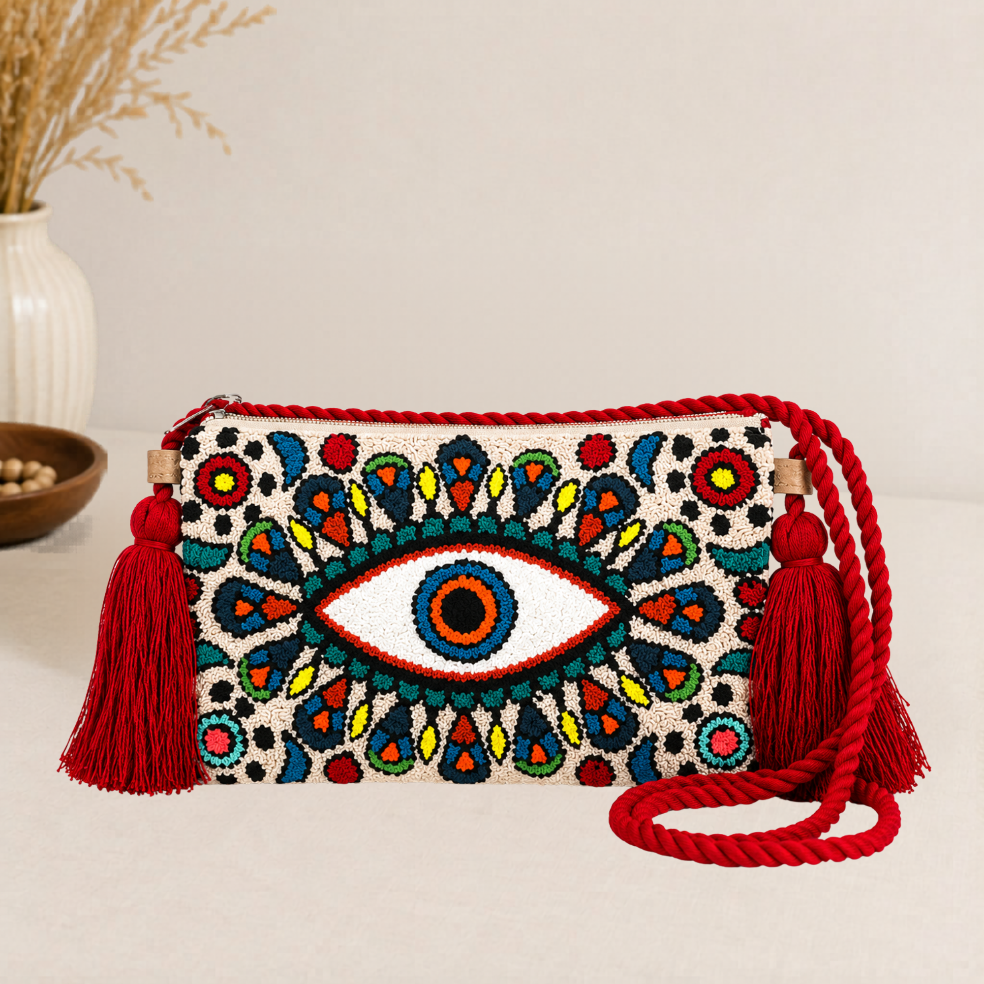 Handmade Turkish Eye Punch Needle Crossbody Bag – Evil Eye Artisan Clutch Purse