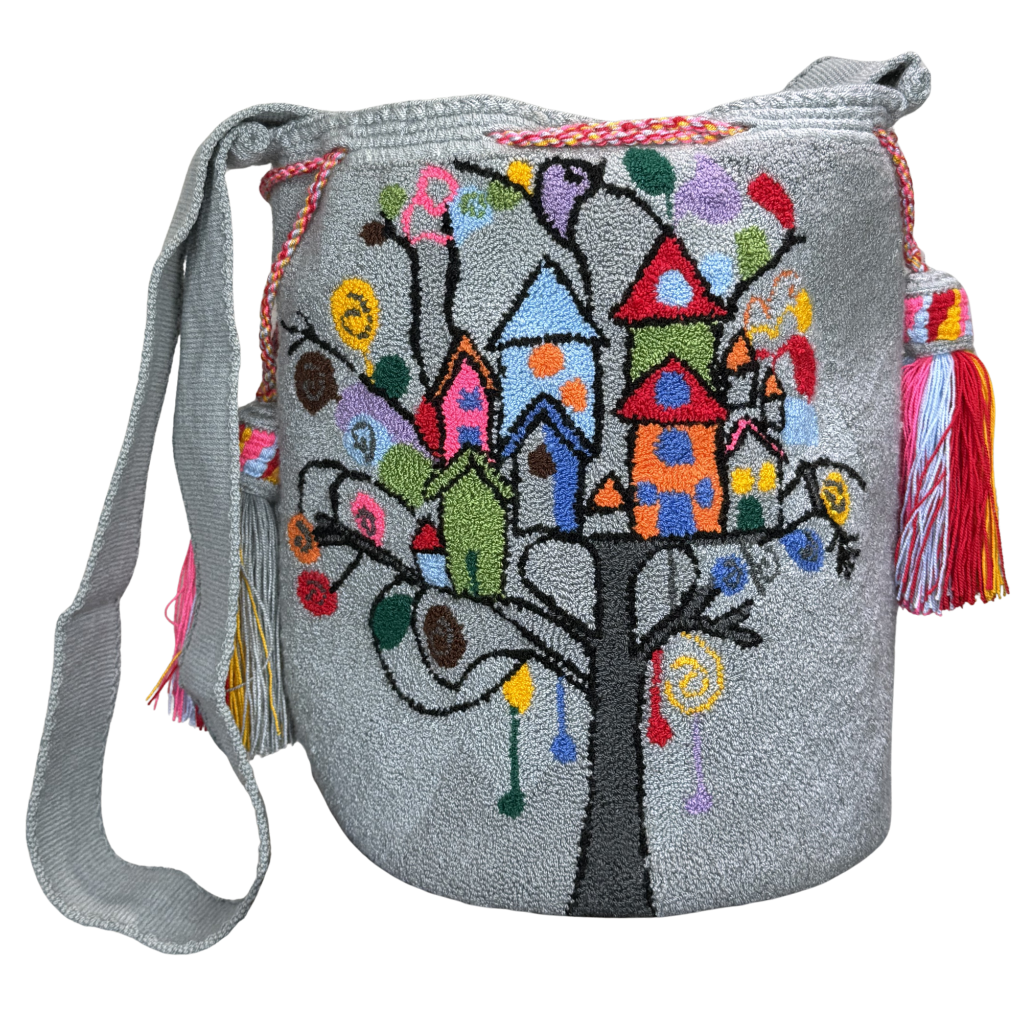 Tree of Dreams Handmade Mochila Bag – Artisan Crossbody with Whimsical Village Embroidery
