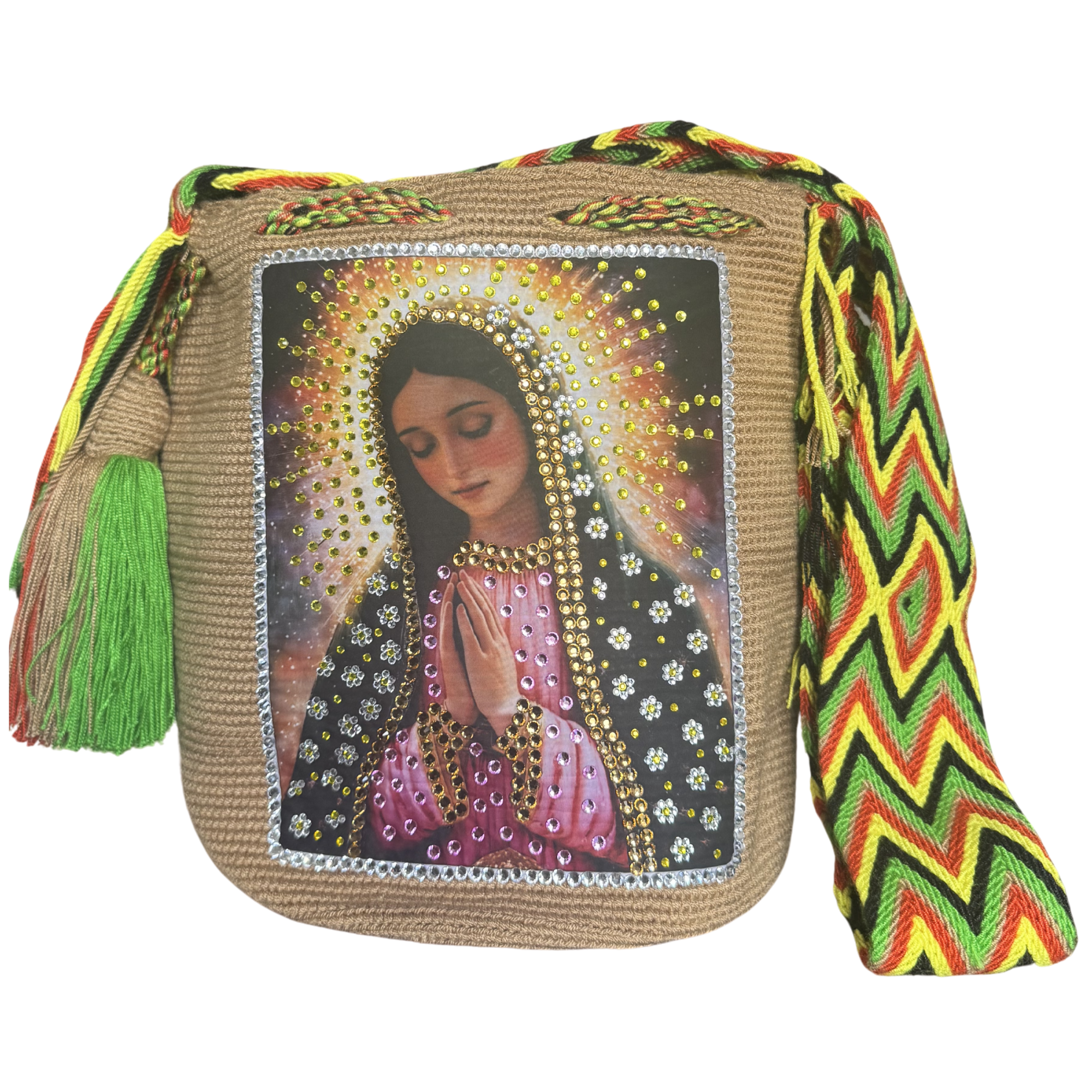 Handmade Crochet Virgin Mary Bag with Stonefix – Camel Brown Artisan Crossbody Mochila