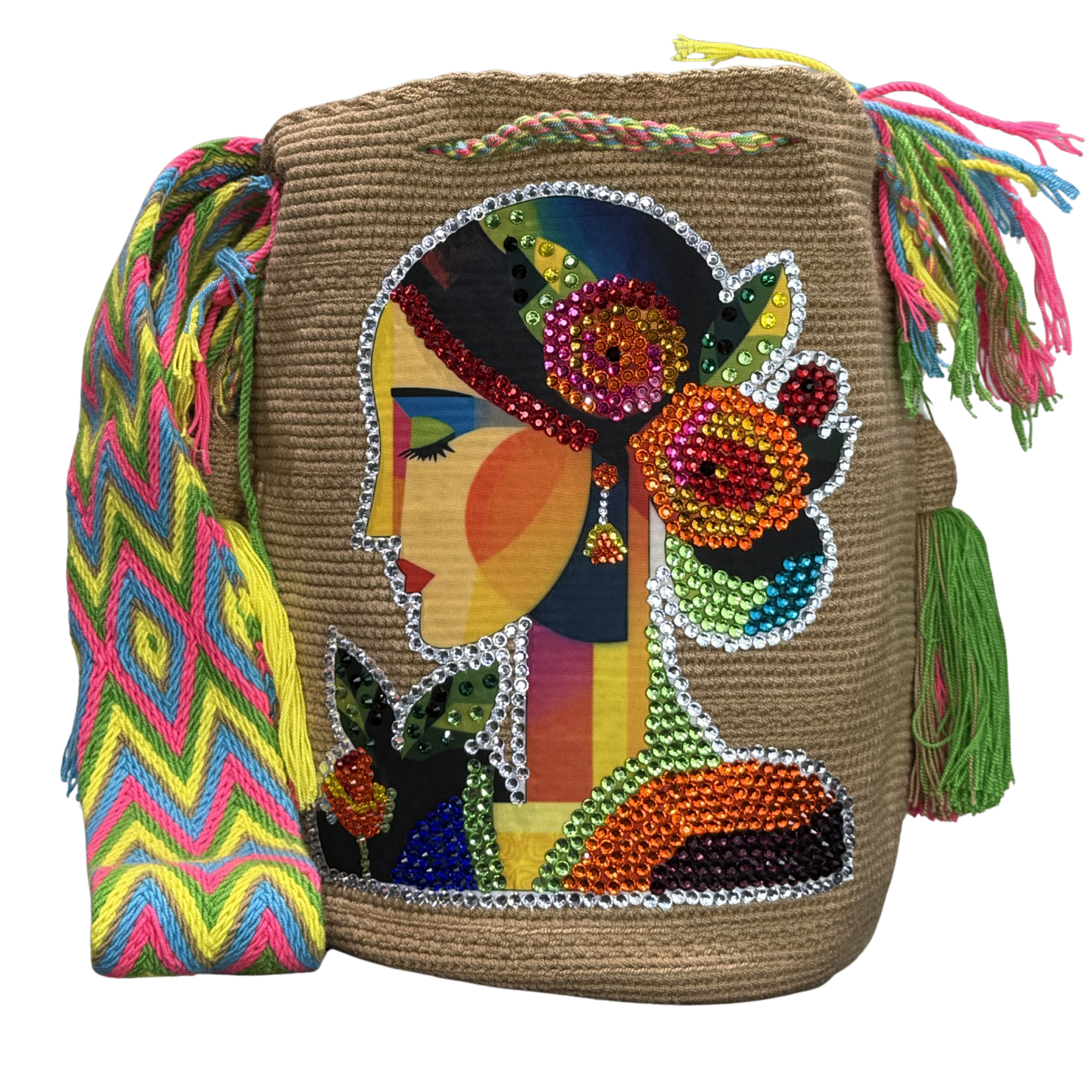 Handmade Crochet Girl Portrait Bag with Stonefix – Black Artisan Crossbody Mochila
