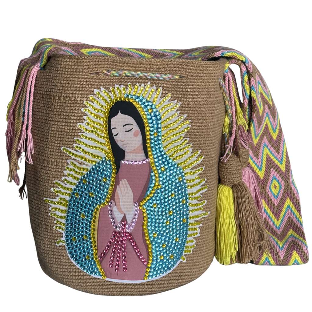 Handmade Crochet Virgin Mary Bag with Stonefix – Camel Brown Artisan Crossbody Mochila