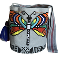 Handmade Wayuu Dragonfly Crossbody Bag – Gray Artisan Mochila with Colorful Butterfly Wings Design