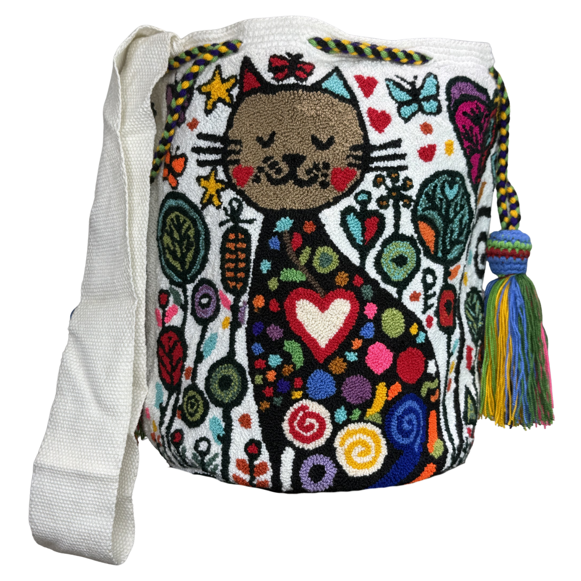 Whimsical Cat Handmade Wayuu Mochila Bag – Artisan Crossbody with Colorful Embroidered Design
