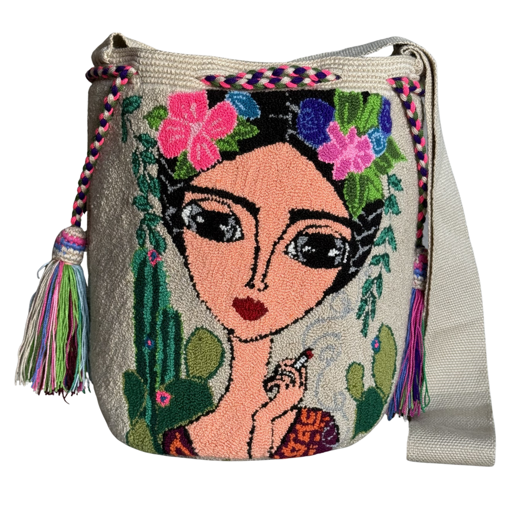 Handmade Wayuu Crossbody Bag – Floral Crown Portrait, Boho Artisan Shoulder Bag
