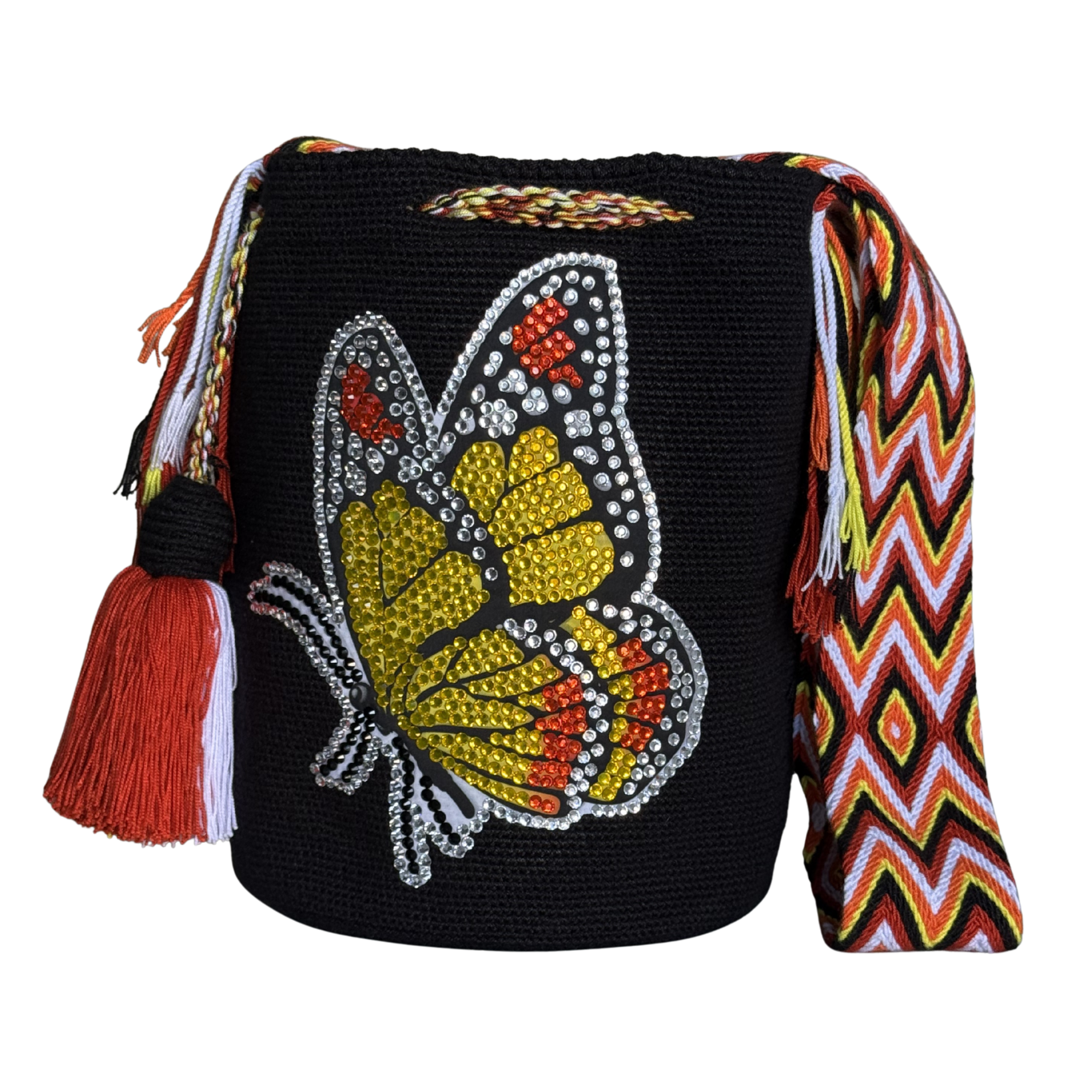 Handmade Beaded Butterfly Wayuu Crossbody Bag – Artisan Crochet Purse Collection with Crystal Embellished Butterfly Designs
