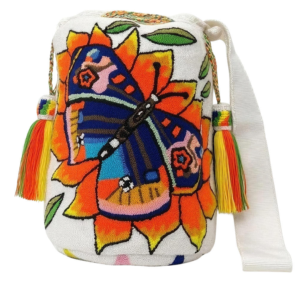 Handmade Butterfly Sunflower Wayuu Crossbody Bag – Colorful Artisan Mochila Purse