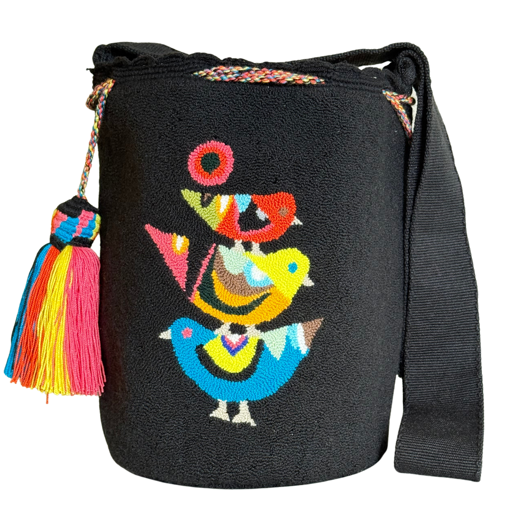 Handmade Wayuu Bird Bag – Black Mochila Crossbody, Colorful Artisan Woven Statement Bag