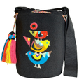 Handmade Wayuu Bird Bag – Black Mochila Crossbody, Colorful Artisan Woven Statement Bag
