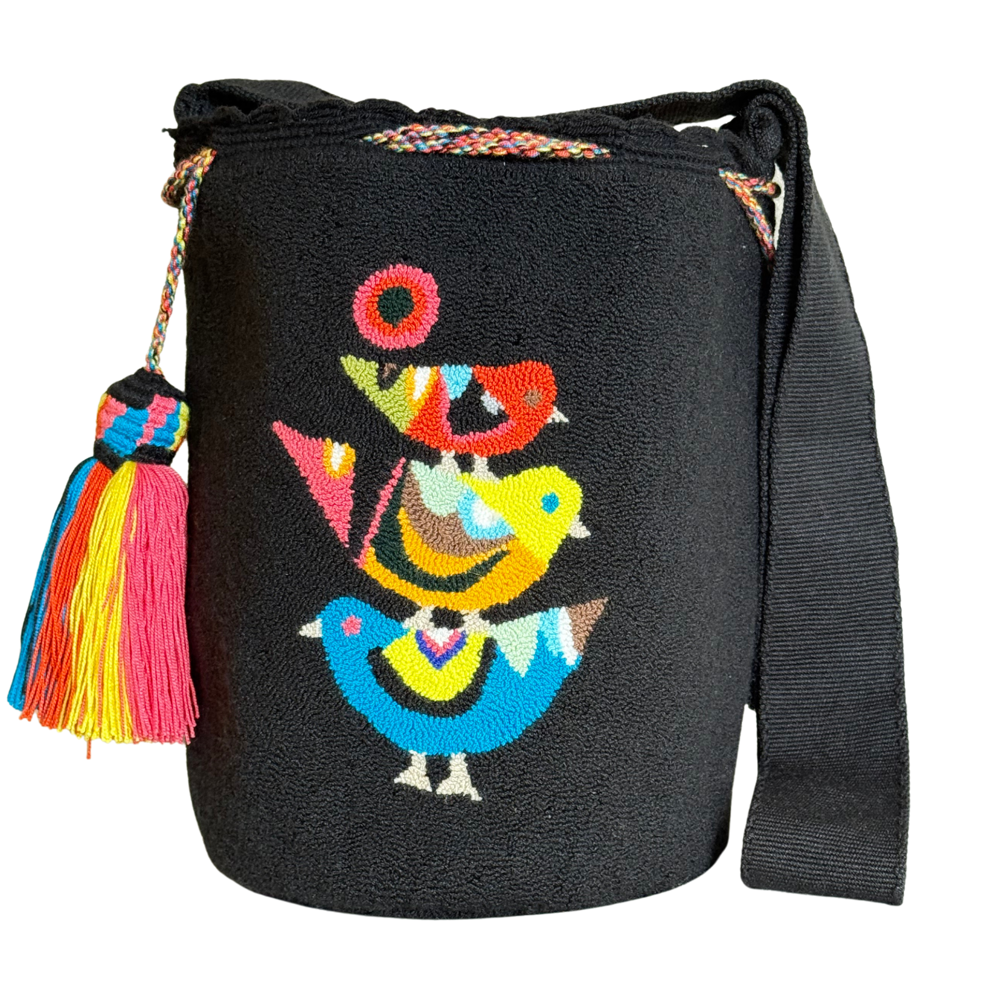 Handmade Wayuu Bird Bag – Black Mochila Crossbody, Colorful Artisan Woven Statement Bag