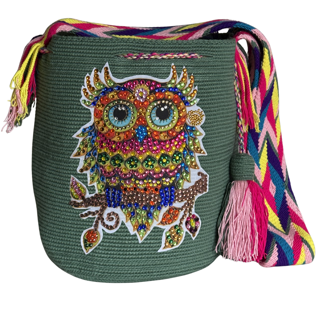 Handmade Crochet Wayuu Owl Bag with Stonefix – Green Artisan Crossbody Mochila