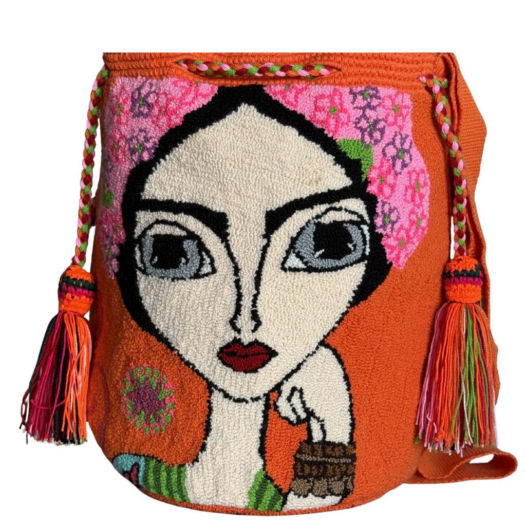 Handmade Wayuu Crossbody Bag – Orange Artistic Portrait, Floral Artisan Shoulder Bag