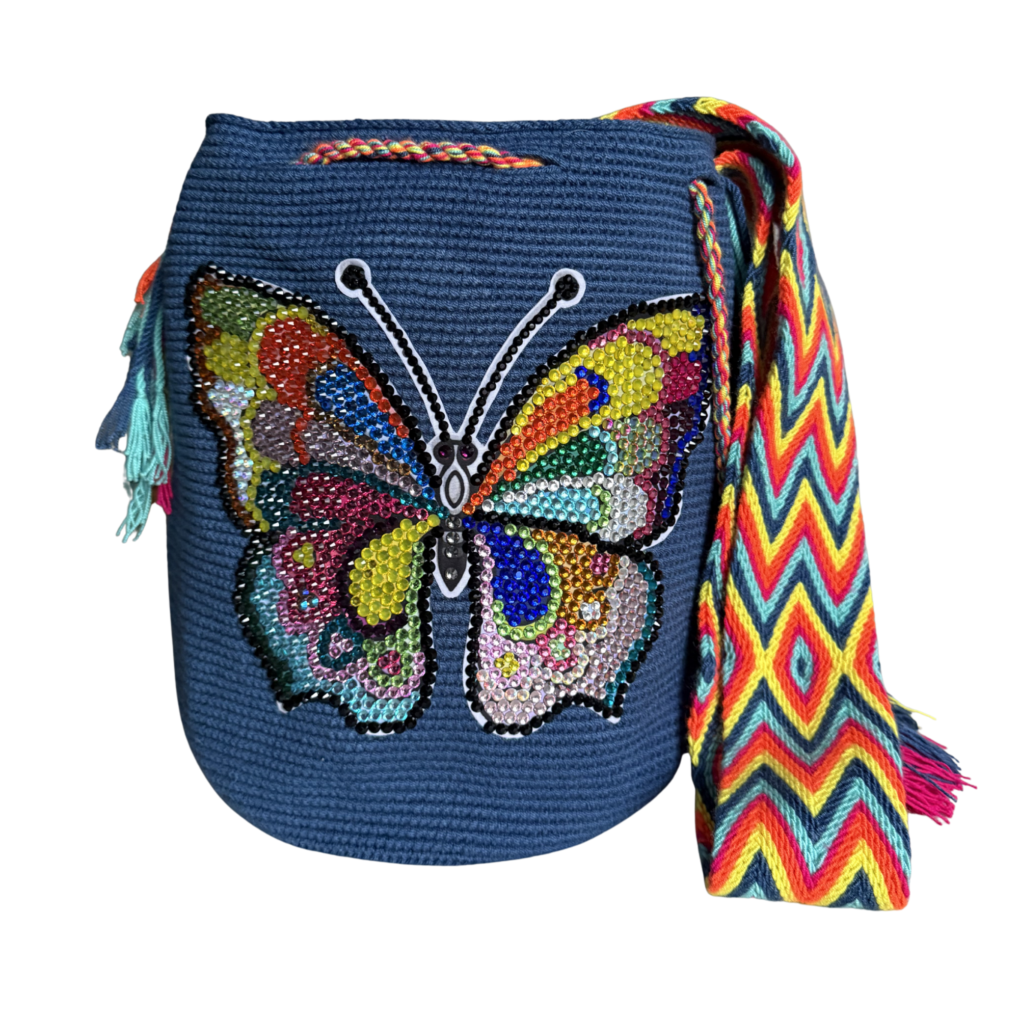 Handmade Beaded Butterfly Wayuu Crossbody Bag – Artisan Crochet Purse Collection with Crystal Embellished Butterfly Designs