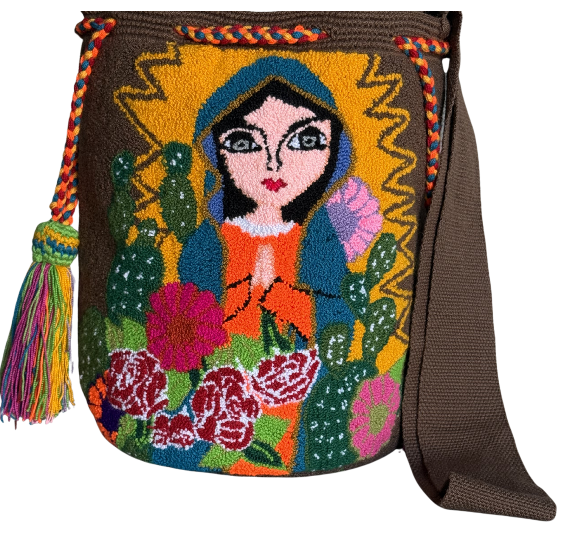 Handmade Wayuu Crossbody Bag – Virgin-Inspired Floral & Desert Design, Artisan Boho Shoulder Bag.