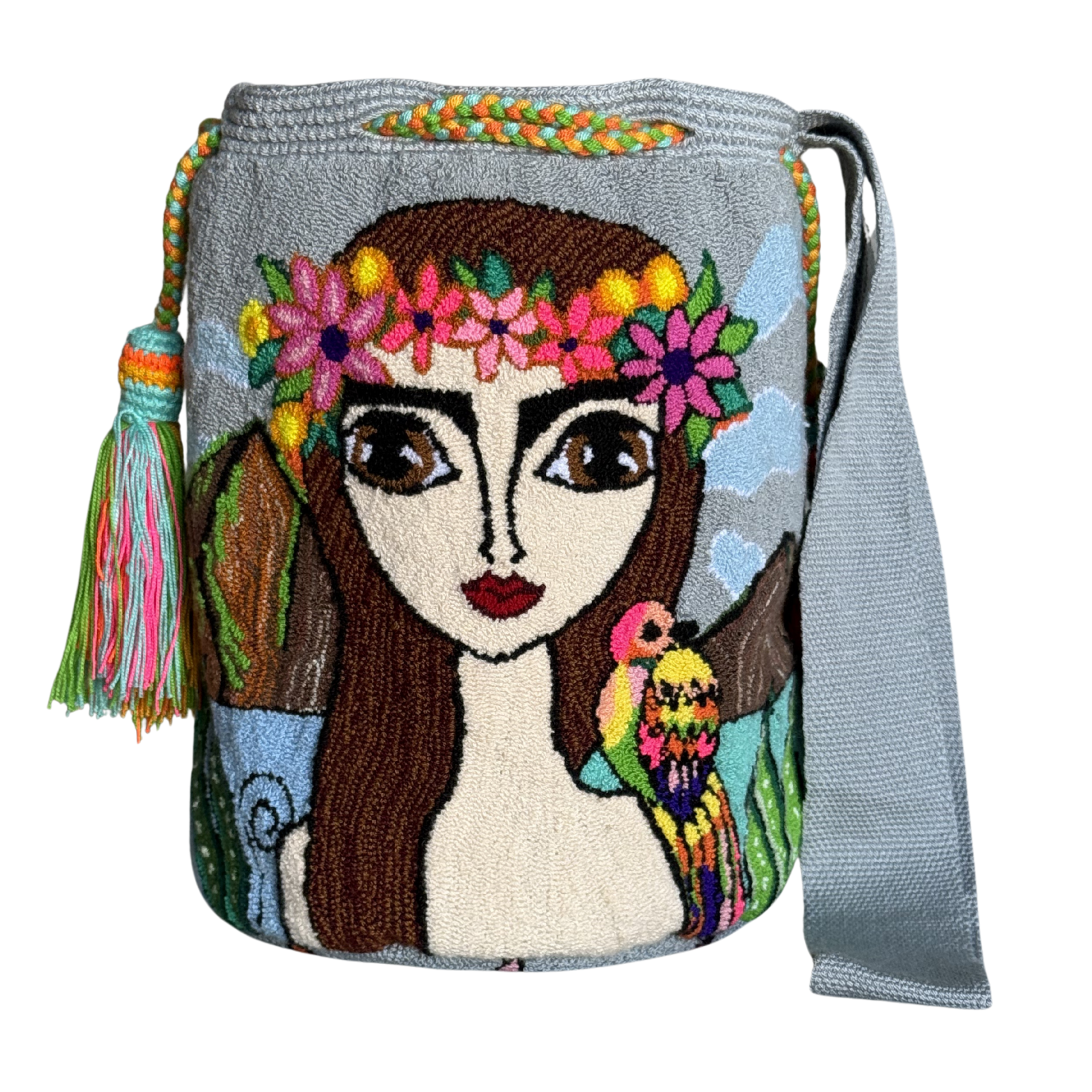 Handmade Wayuu Crossbody Bag – Floral Portrait with Bird, Artistic Artisan Shoulder Bag