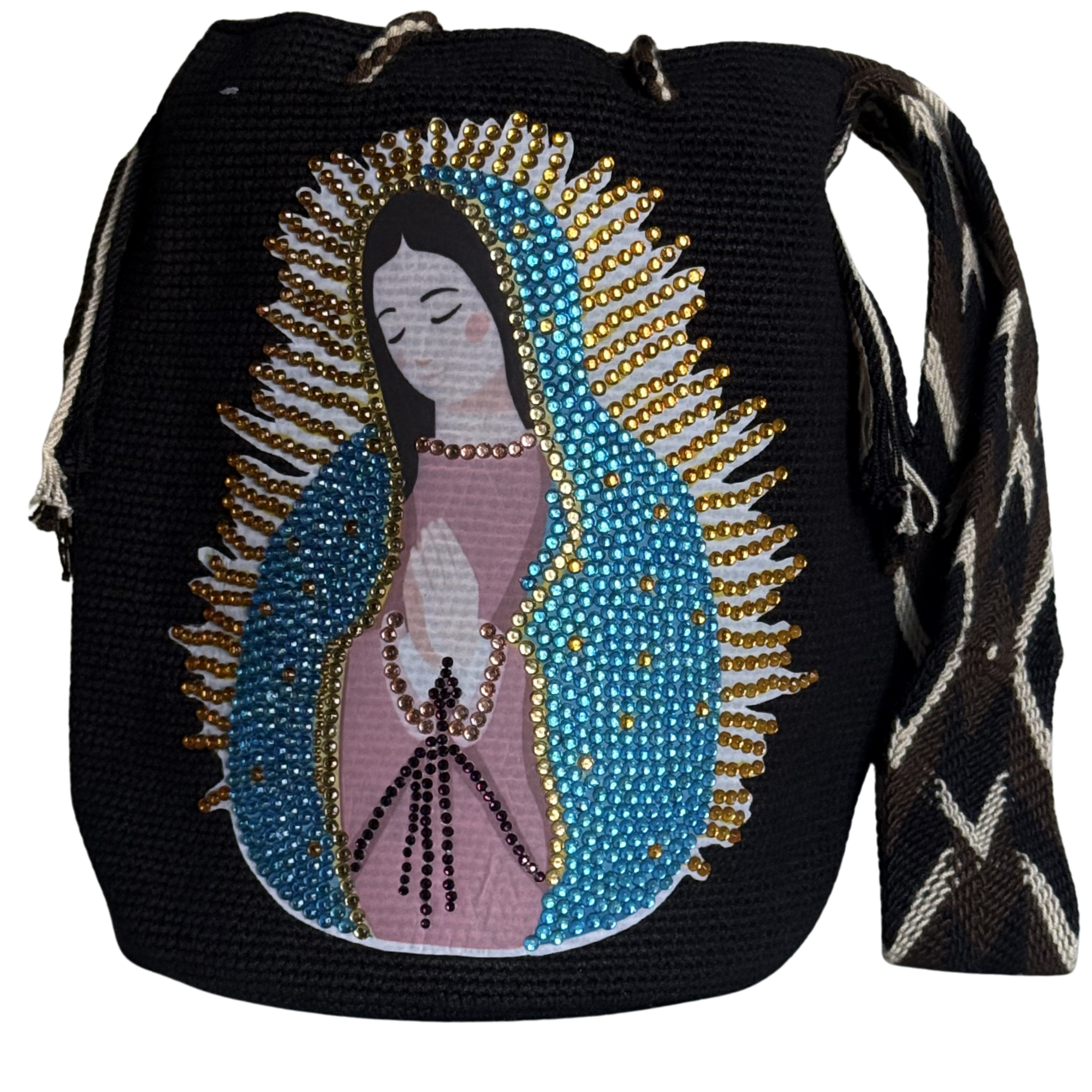 Handmade Crochet Virgin Mary Bag with Stonefix – Camel Brown Artisan Crossbody Mochila