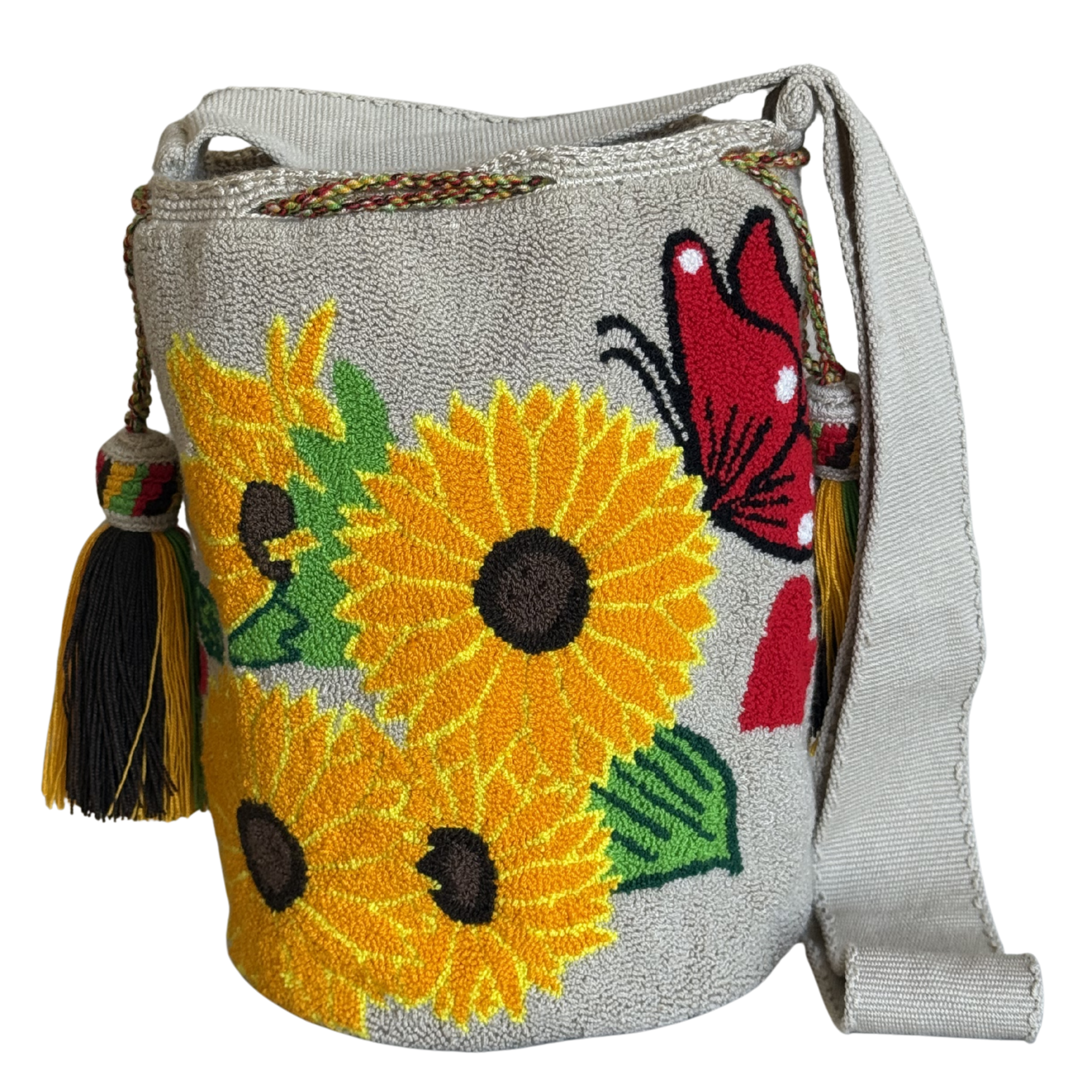 Handmade Sunflower & Butterfly Wayuu Bucket Bag – Artisan Floral Crochet Crossbody Purse