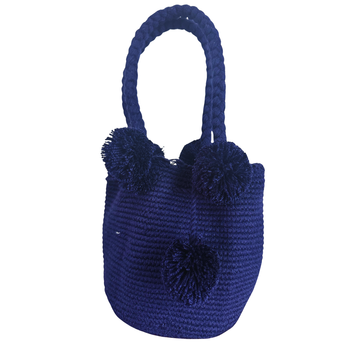 Handmade Wayuu Luxury Tote Bag – Solid Color Crochet Shoulder Bag with Pom Poms | Heritage Collection