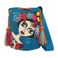 Handmade Frida-Inspired Wayuu Crossbody Bag – Artistic Blue Crochet Mochila with Floral Portrait