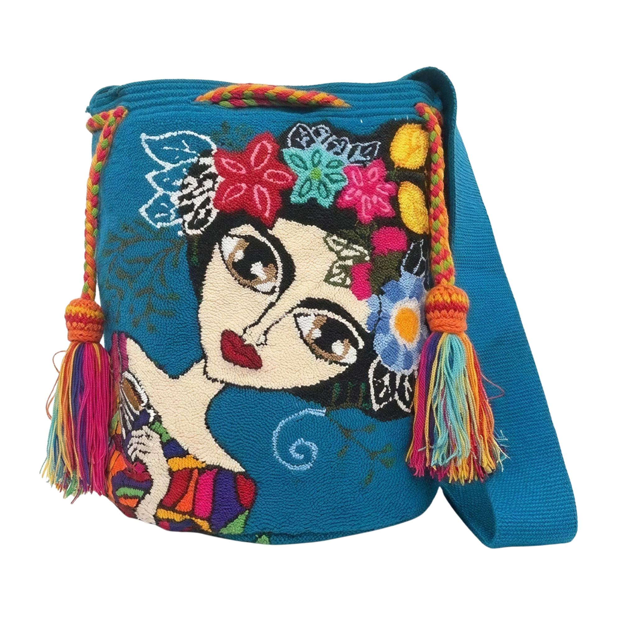 Handmade Frida-Inspired Wayuu Crossbody Bag – Artistic Blue Crochet Mochila with Floral Portrait