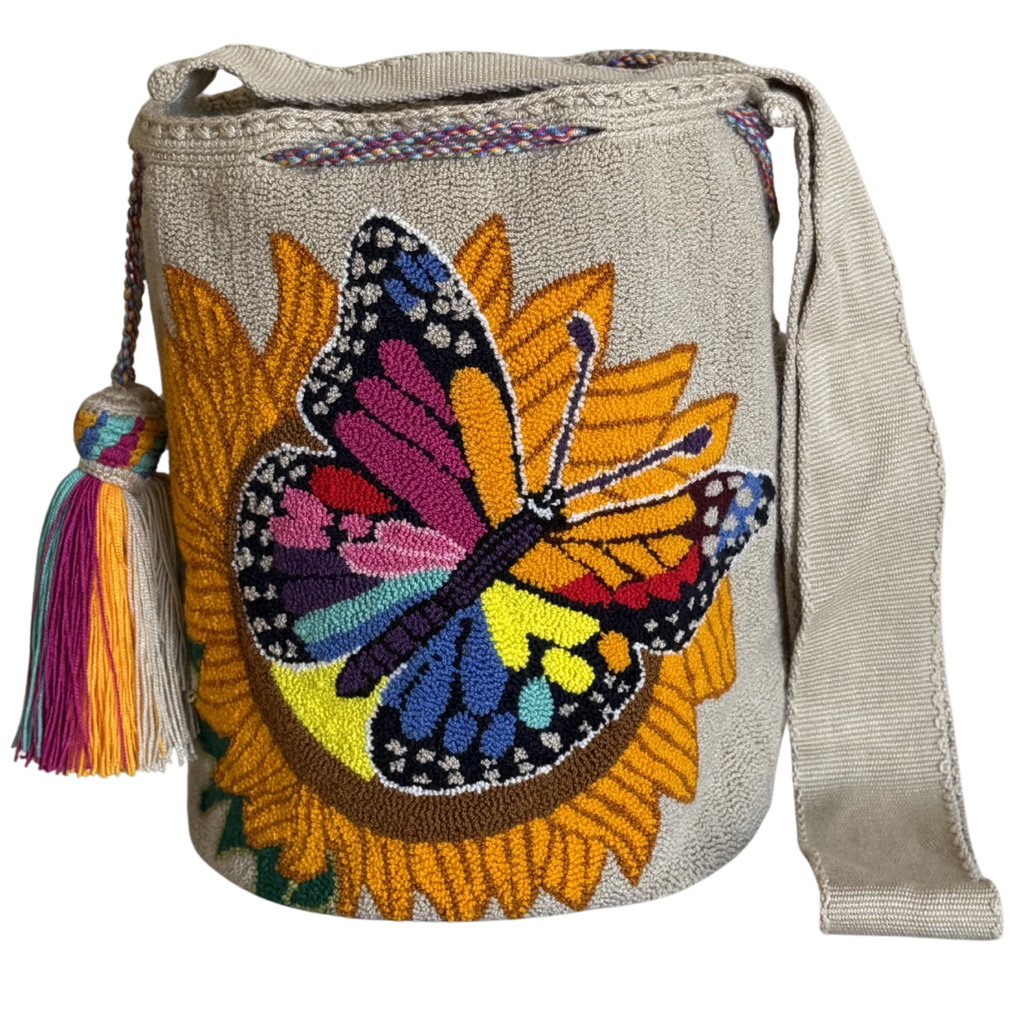 Handmade Butterfly Sunflower Wayuu Bag – Beige Artisan Crochet Crossbody Mochila