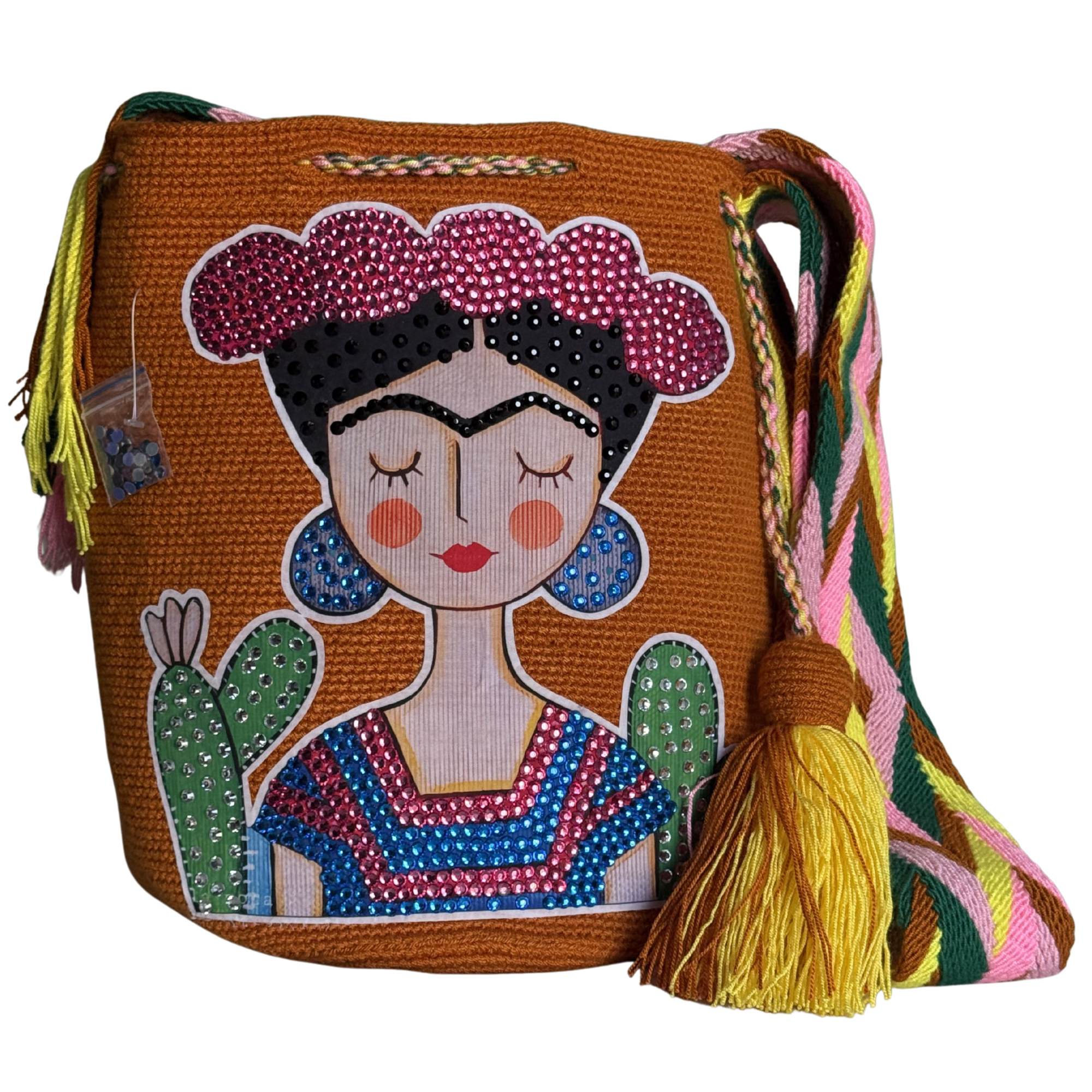 Handmade Crochet Girl Portrait Bag with Stonefix – Black Artisan Crossbody Mochila