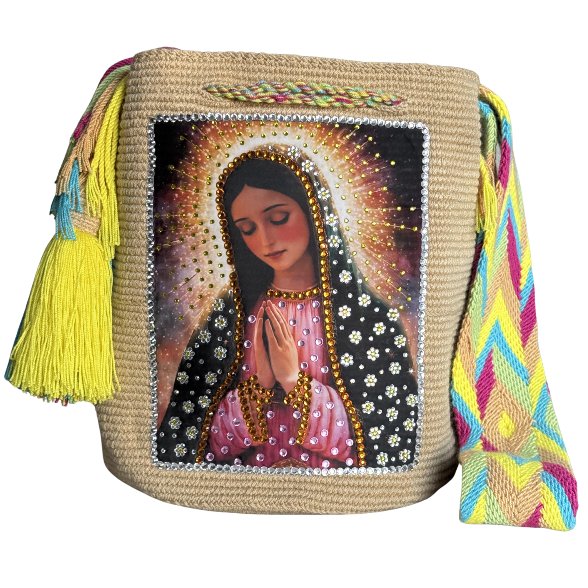Handmade Crochet Virgin Mary Bag with Stonefix – Camel Brown Artisan Crossbody Mochila