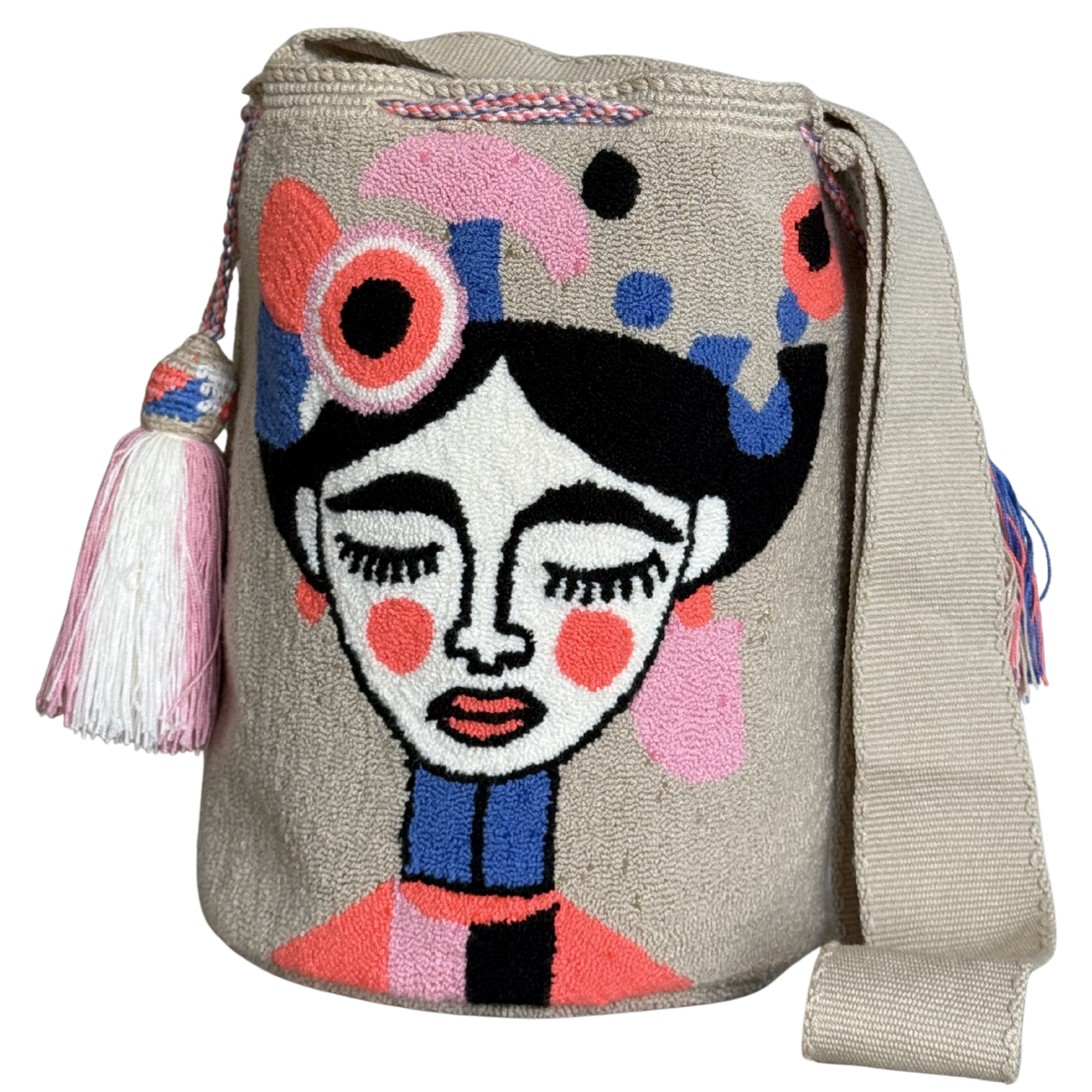 Handmade Wayuu Face Bag – Beige Mochila Crossbody, Artistic Portrait Design
