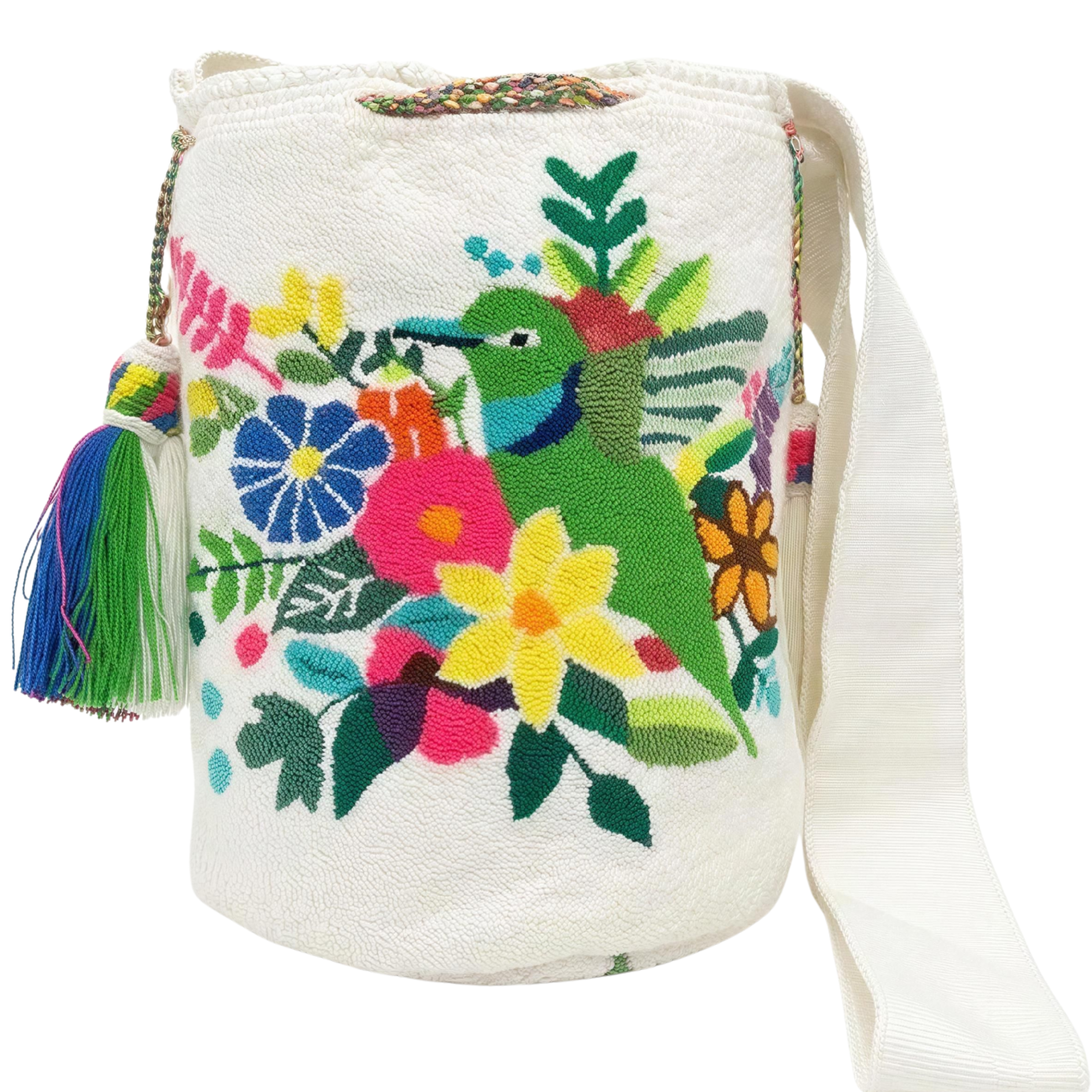 Handmade Hummingbird Garden Wayuu Crossbody Bag – White Floral Artisan Mochila