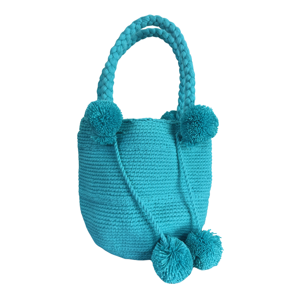 Handmade Wayuu Luxury Tote Bag – Solid Color Crochet Shoulder Bag with Pom Poms | Heritage Collection