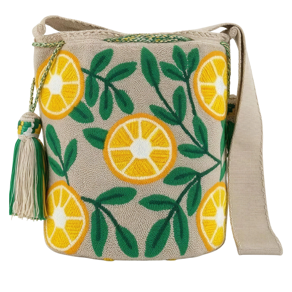 Handmade Lemon Orchard Wayuu Crossbody Bag – Artisan Citrus Crochet Bucket Purse