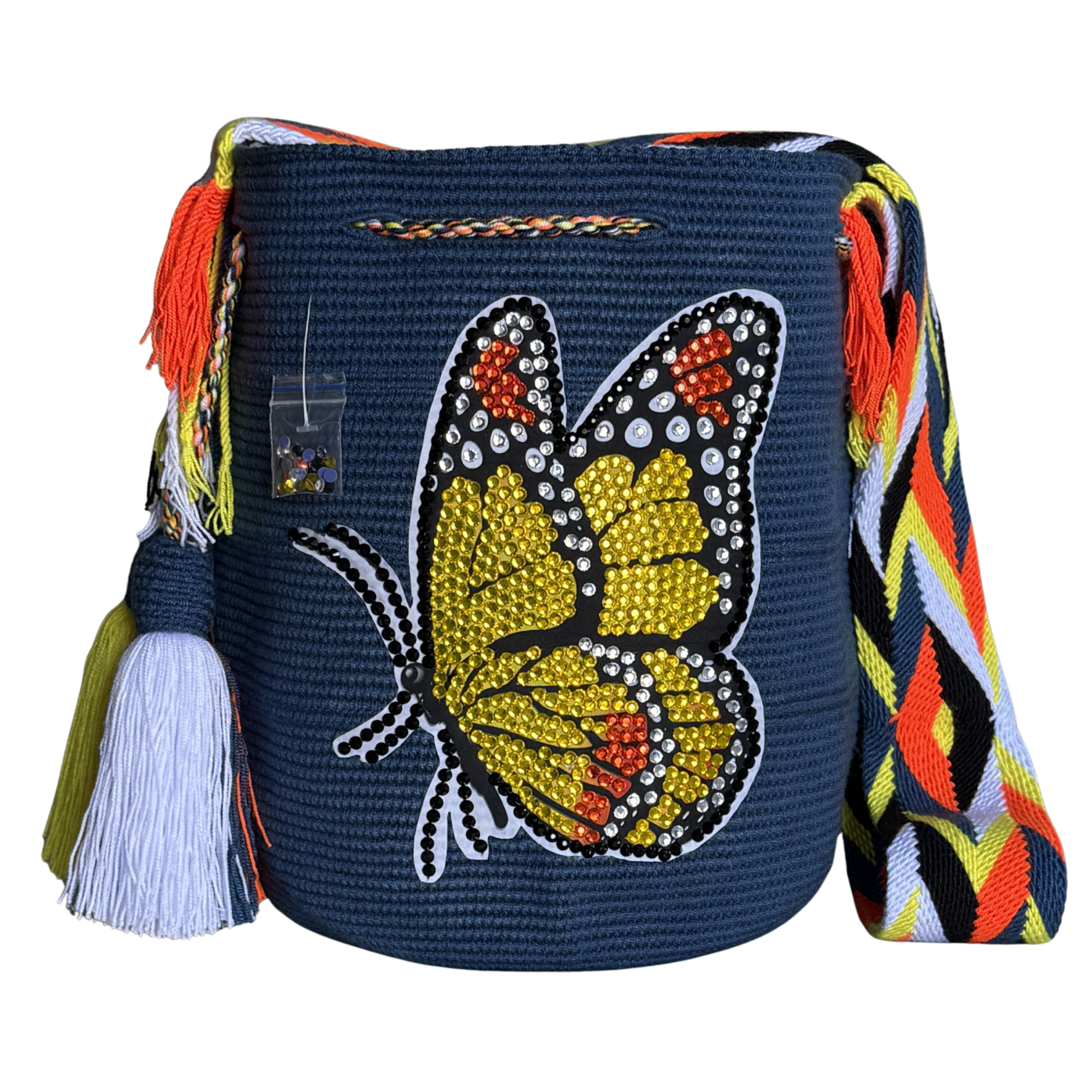 Handmade Beaded Butterfly Wayuu Crossbody Bag – Artisan Crochet Purse Collection with Crystal Embellished Butterfly Designs