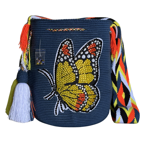 Handmade Beaded Butterfly Wayuu Crossbody Bag – Artisan Crochet Purse Collection with Crystal Embellished Butterfly Designs