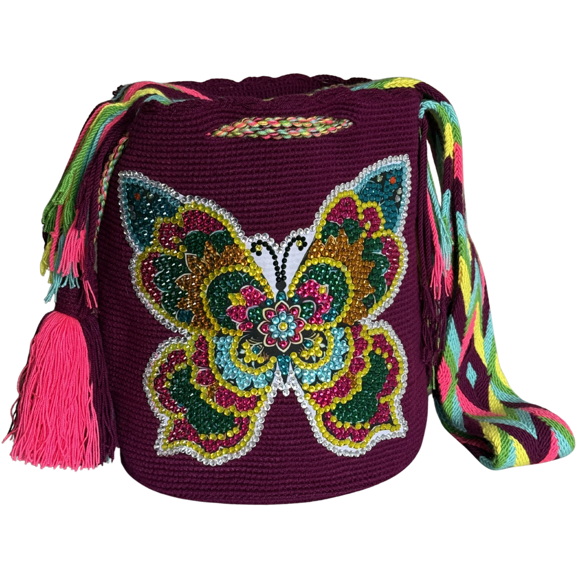 Handmade Beaded Butterfly Wayuu Crossbody Bag – Artisan Crochet Purse Collection with Crystal Embellished Butterfly Designs