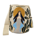 Handmade Spiritual Wayuu inspired Crossbody Bag – Beige Artisan Mochila with Sacred Feminine Design