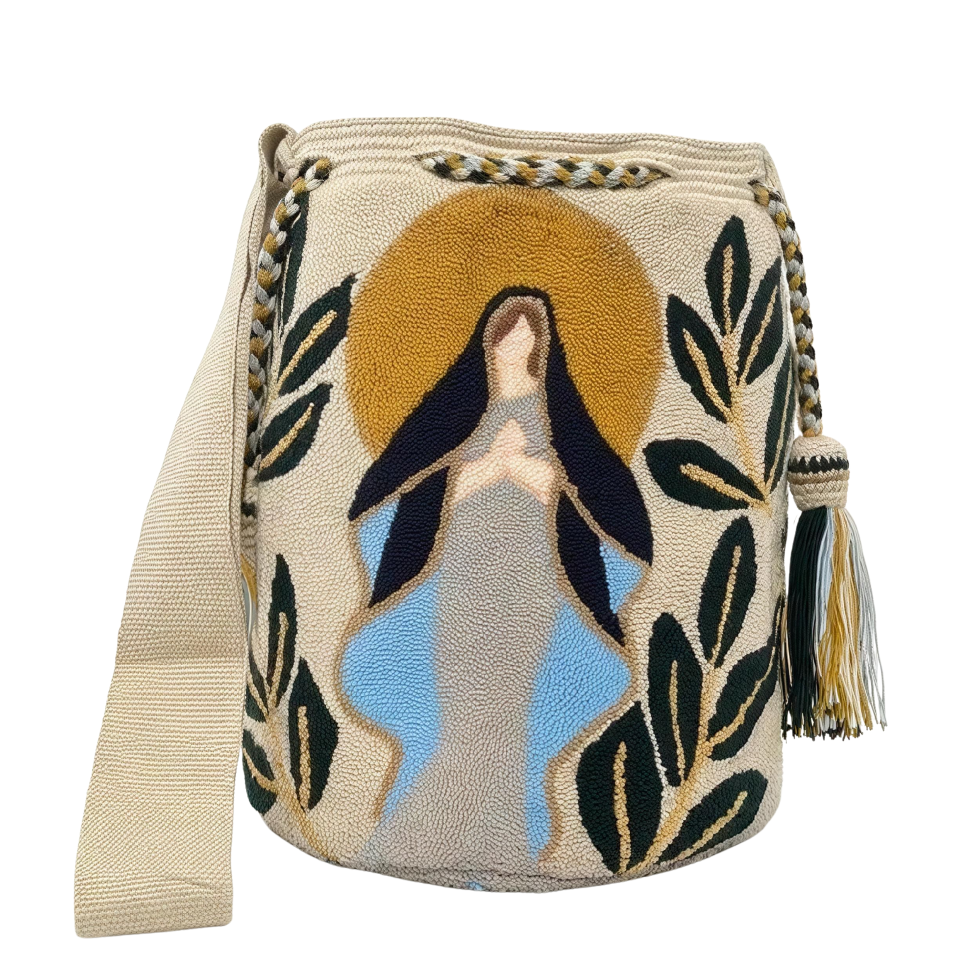 Handmade Spiritual Wayuu inspired Crossbody Bag – Beige Artisan Mochila with Sacred Feminine Design