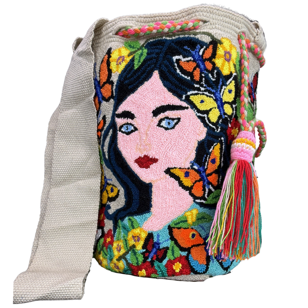 Butterfly Muse Handmade Wayuu Mochila Bag – Artisan Floral Portrait Crossbody Purse