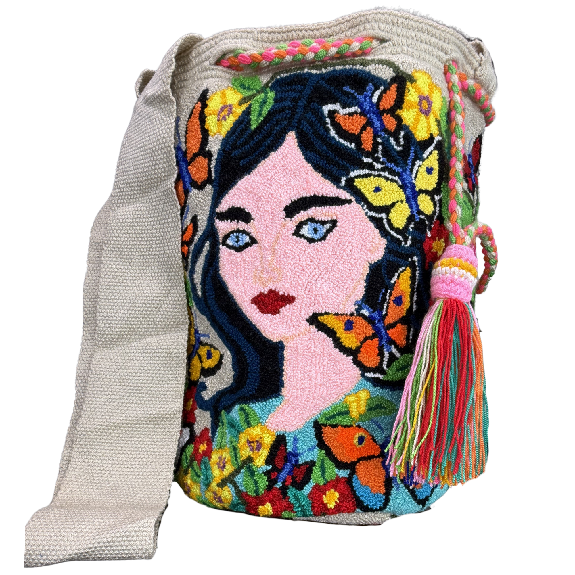 Butterfly Muse Handmade Wayuu Mochila Bag – Artisan Floral Portrait Crossbody Purse