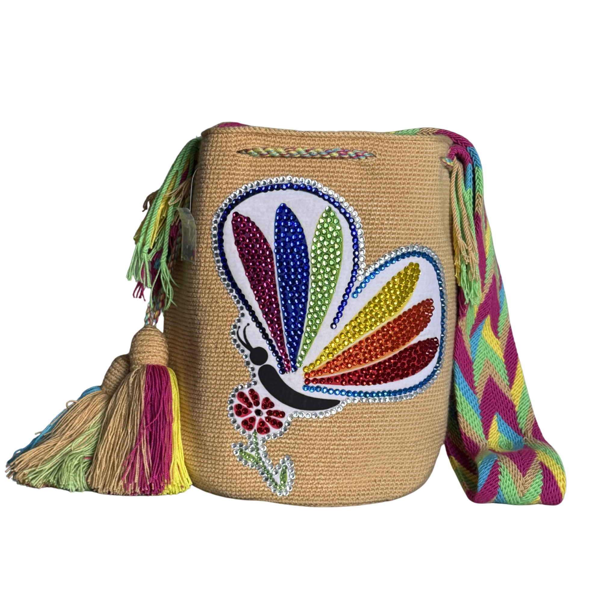 Handmade Beaded Butterfly Wayuu Crossbody Bag – Artisan Crochet Purse Collection with Crystal Embellished Butterfly Designs