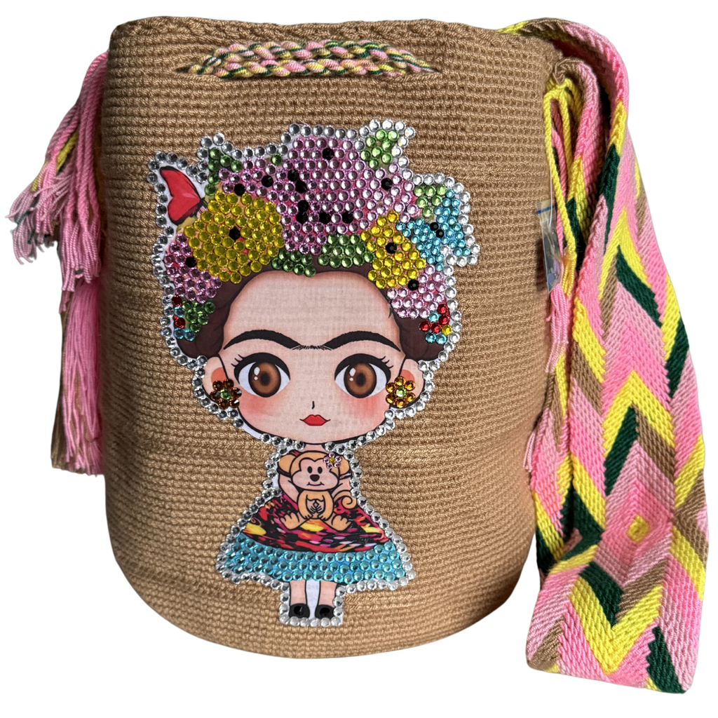 Handmade Crochet Girl Portrait Bag with Stonefix – Black Artisan Crossbody Mochila